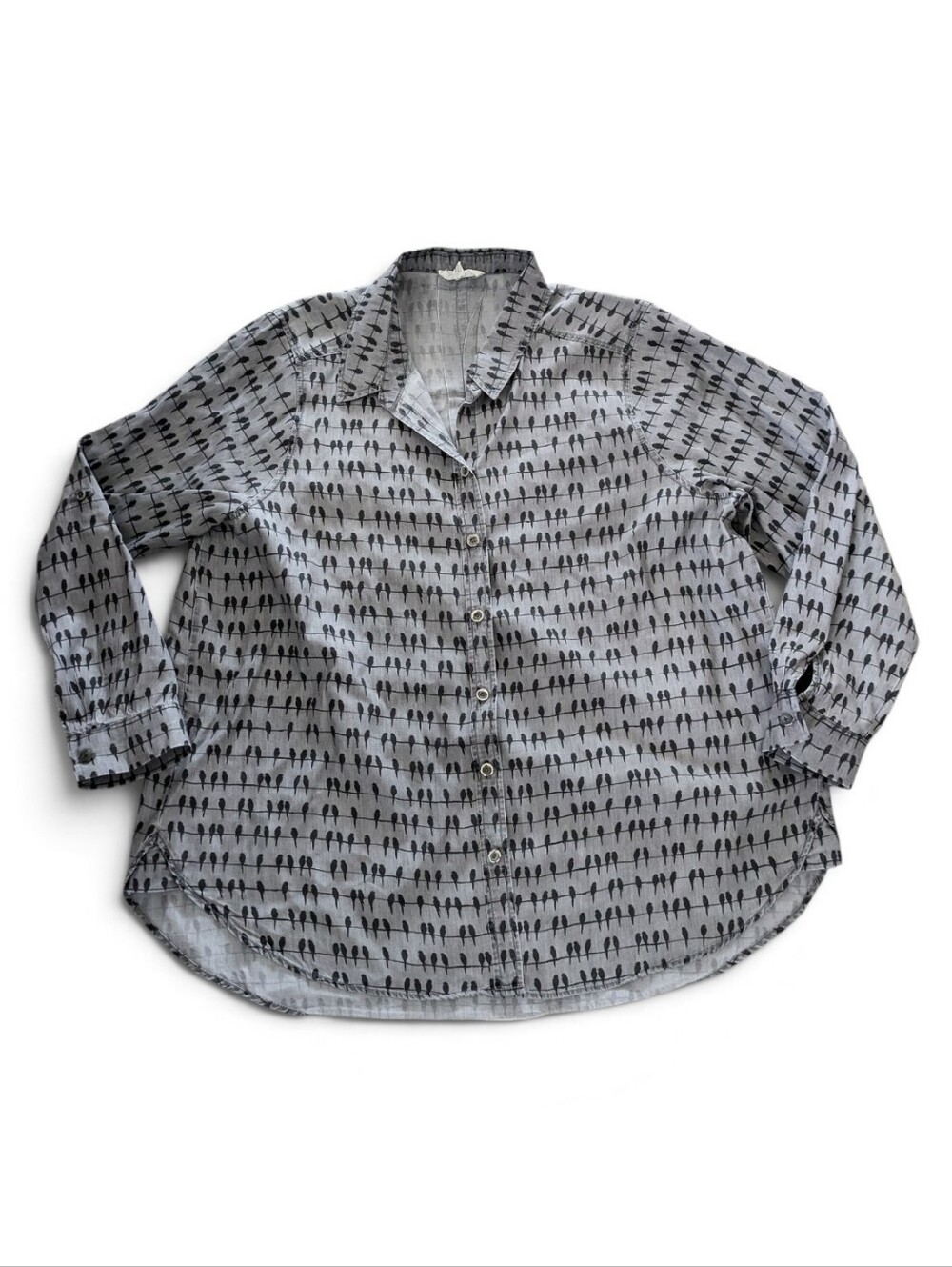 Jane + Delancey Button Up Shirt 1X Gray Black Birds On A Wire Long Sleeve **